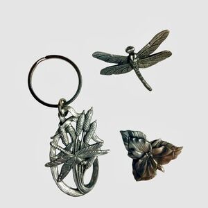 Pewter Art Nouveau style keychain and pins - cattail, dragonfly, trillium